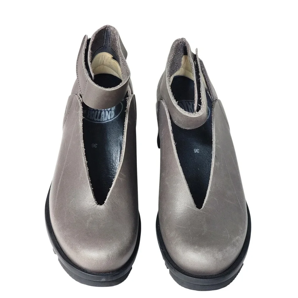 Loints of Holland Sydney Grey Leather V-Cut Wedge Ankle Strap Shoes Womens 36